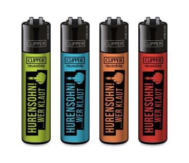 Clipper CLASSIC Large „Hurensohn! … Wer klaut“ 4er Set in Grün, Blau, Orange und Rot – nachfüllbar, Softflame, Feuerstein wechselbar und Stopfhilfe.